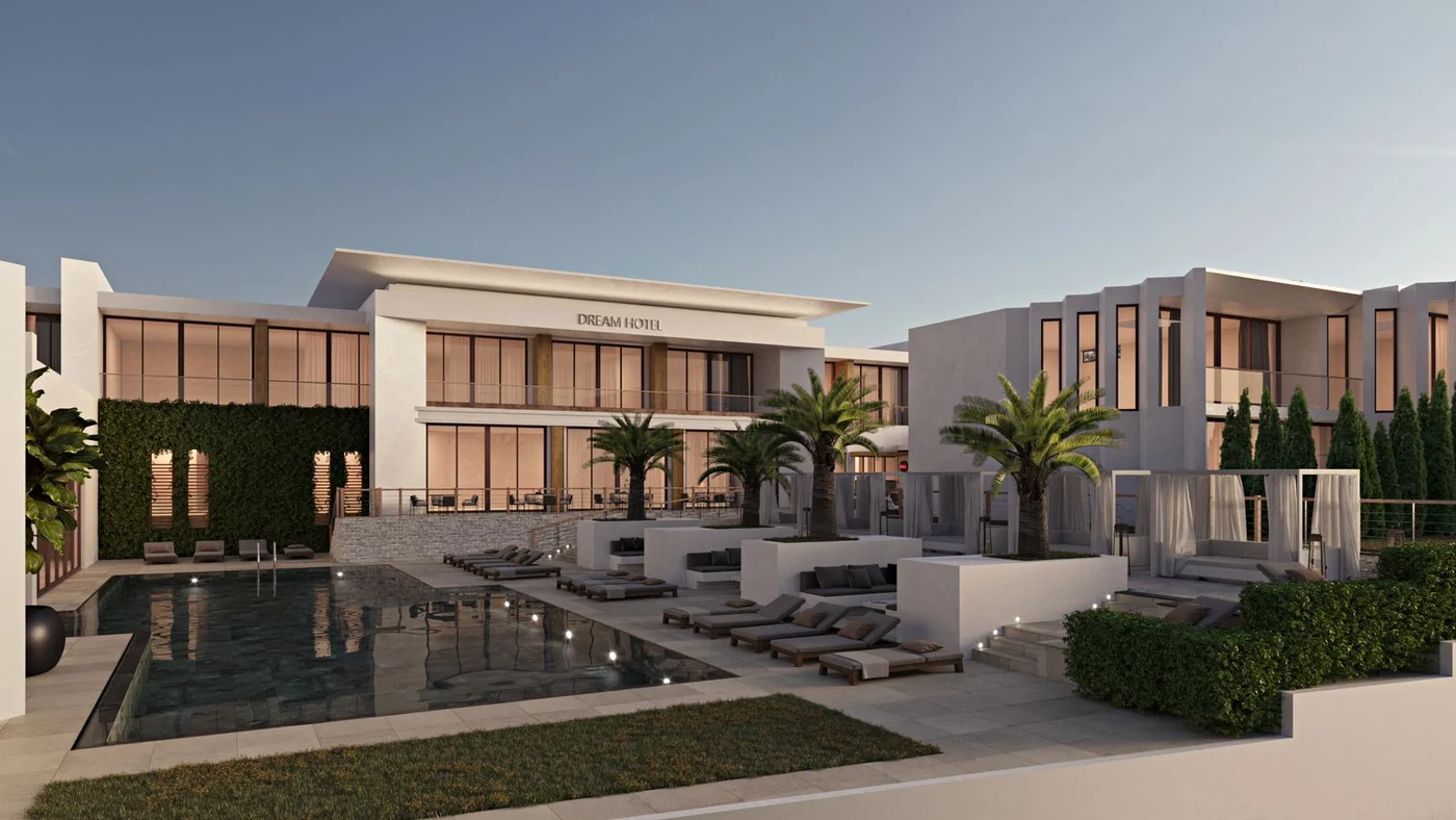 Rendering, concept 1. The courtyard with the pool at night, room windows glowing