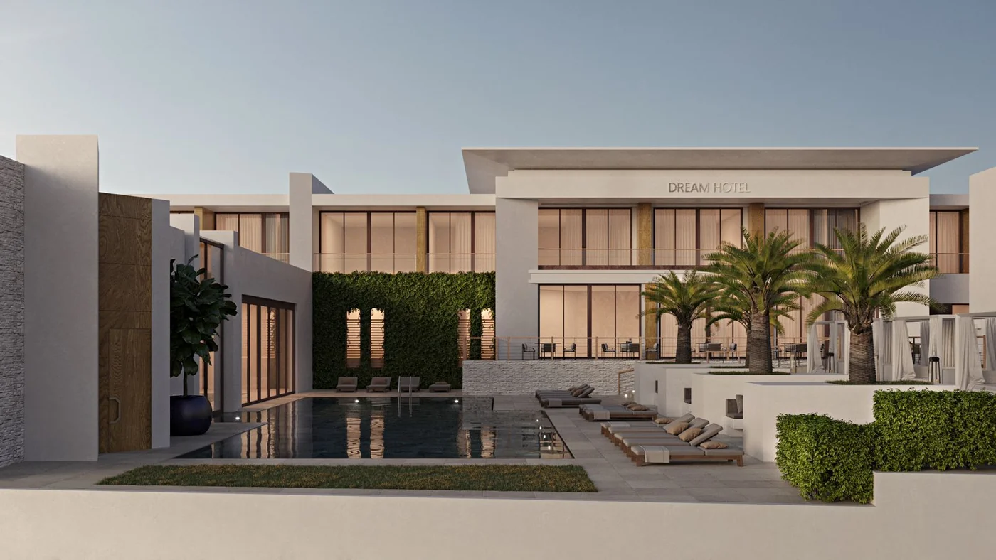 Rendering, concept 1. The pool by day and a terrace by the water