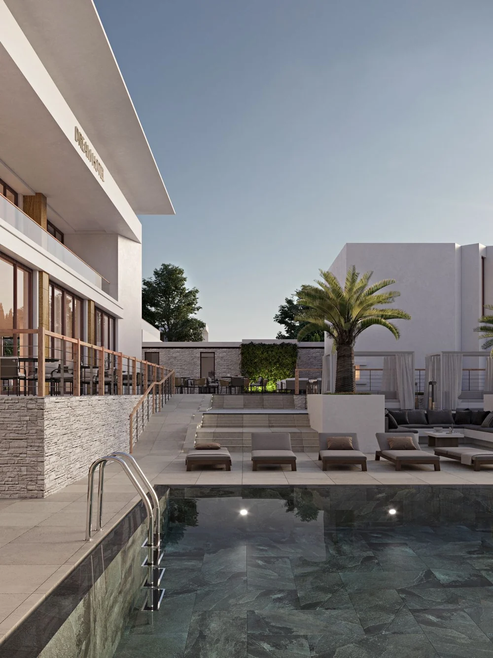 Rendering, concept 1. A poolside terrace with loungers, vertical shot