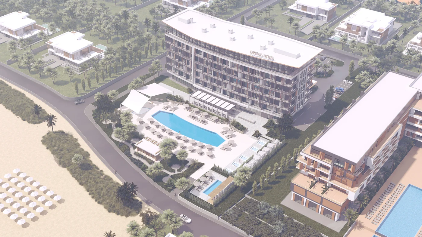 Rendering, concept 2. The complex from above: pool, terraces and neighboring buildings
