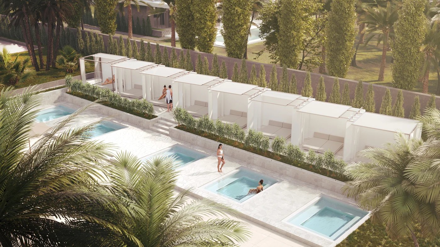 Rendering, concept 2. Cabanas and plunge pools by the water