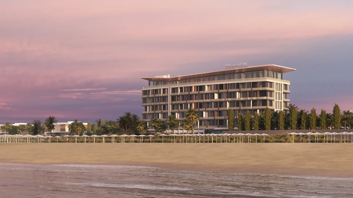 Rendering, concept 2. The building at sunset, seen from the beach