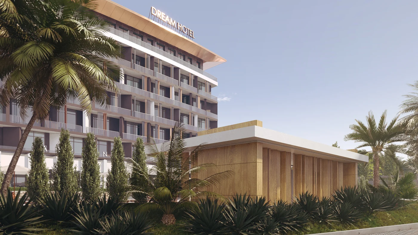 Rendering, concept 2. The entrance with the DREAM HOTEL sign above the canopy