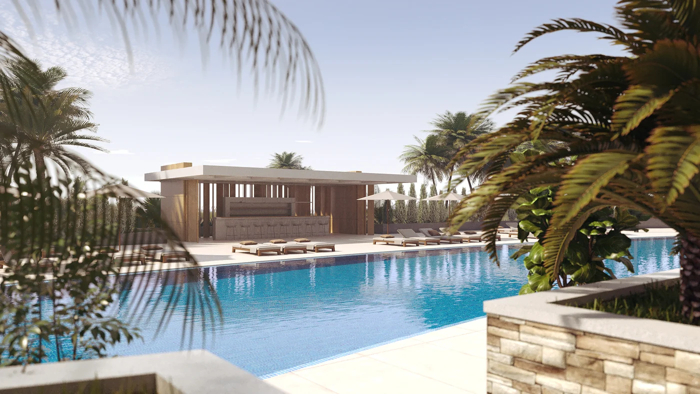 Rendering, concept 2. A pool with palms by the building